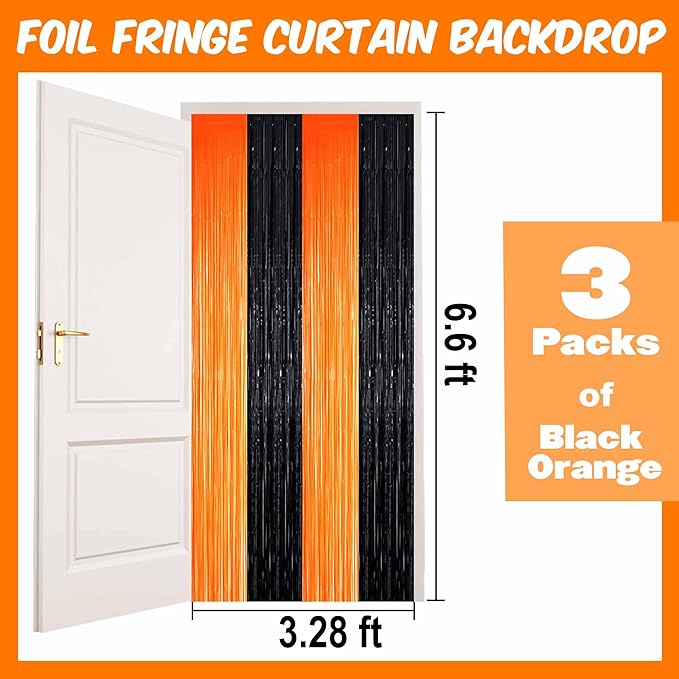 3 Pack Black Orange Foil Fringe Curtains Backdrop, 3.28 x 6.6 Ft Metallic Streamers Tinsel Curtains Background for Photo Booth, Birthday, Halloween, Christmas, Thanksgiving, New Year Party Decorations