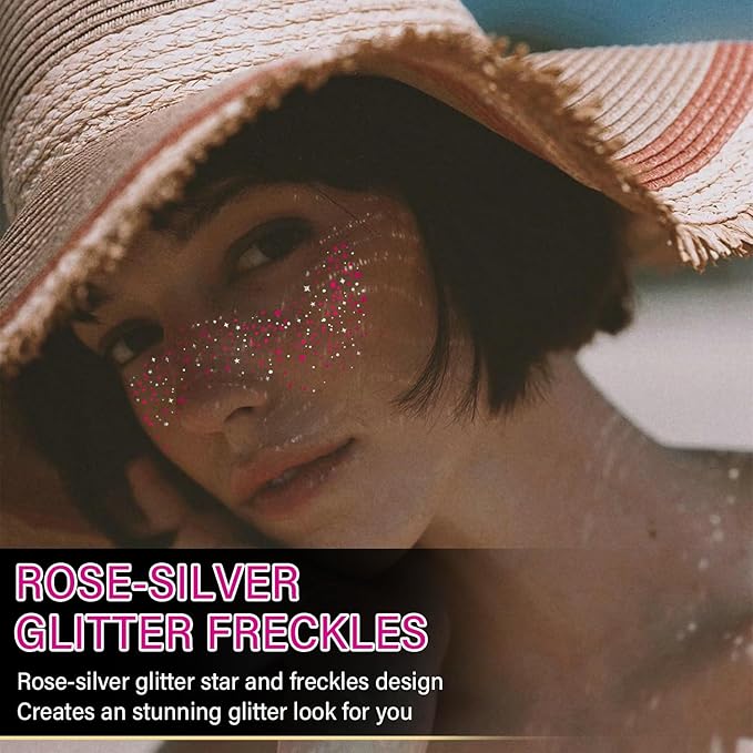 10 Pcs Rose-Silver Laser Glitter Freckles, Rose and Silver Glitter Freckles Face Tattoo, Waterproof Face Sparkle Freckles, Long-lasting 48h Temporary Tattoos for Women