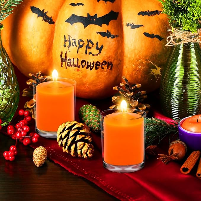 24 Packs Orange Colored Votive Candles, Unscented Small 1.5 Inch by 2.0 Inch Fall Wax Candles for Thanksgiving Wedding, Party & Home Dinner Table - 12 Hour Burn Time
