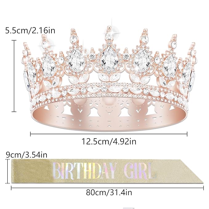 Queen Crown Birthday Set for Women - Tiara, Sash, Princess Rhinestone Headband - Sweet Happy Accessories