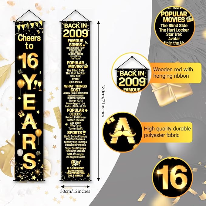 16th Birthday Party Anniversary Decorations Cheers to 16 Years Banner Party Decorations Welcome Porch Sign for Years Birthday Supplies (16th-2009)