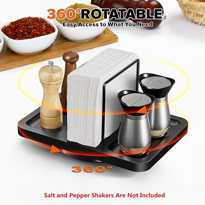 Rotating Napkin Holder for Table, Bamboo Standing Napkin Dispenser with Salt Pepper Shakers Caddy, Black Metal Hand Towel Holder for Bathroom Home Kitchen Farmhouse Decor Not Including Shakers