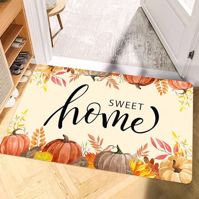 Fall Welcome Maple Leafs Decorative Door Mat, Autumn Thanksgiving Doormat for Indoor Outdoor Entrance Floor Mats,Fall Pumpkins Non Slip Harvest Vintage Decor Rubber Welcome Mats 30" x 18" Inch