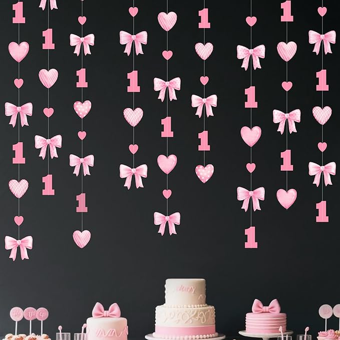 Pink Bow 1st Decorations Pink Plaid Twill Polka Dot Heart Bow Hanging Streamer Garland Banner for Happy First Birthday Girls Just Wanna be One Bday Decor 1st Anniversary Party Decorations Supplies
