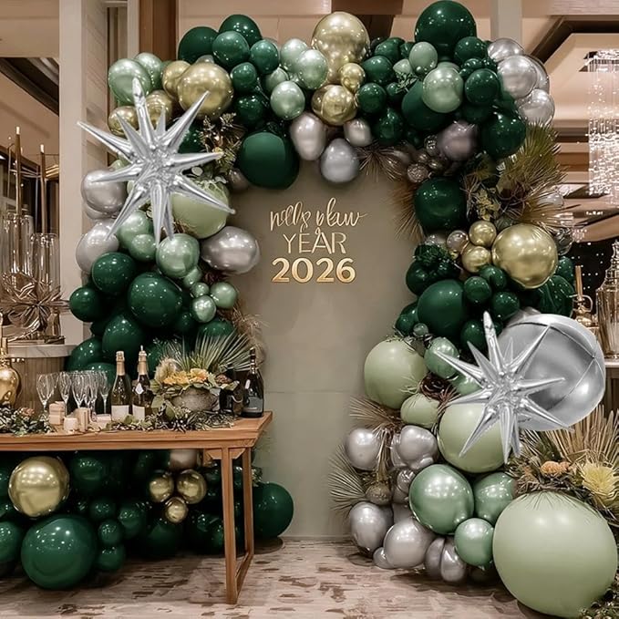 Emerald Green Gold Balloons Dark Green Silver Gold Balloon Arch Dusty Green Balloon Garland Kit for Birthday Wedding Anniversary Christmas New Year Party Decorations