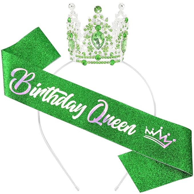 Birthday Queen Sash for Women Tiara & Crowns Headbands for Girls Happy Birthday Party Accessories Favor Supllies Leona Silver Pink Green, 2 Pack