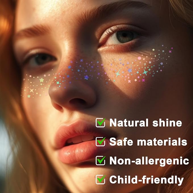 8 PCS Holographic Multicolor Glitter Freckles Face Tattoo, Makeup Patch, Faux Freckles Waterproof Temporary Tattoos Cute Glitter For Women and Kids Halloween Christmas (8PcsA Holographic Multicolor)