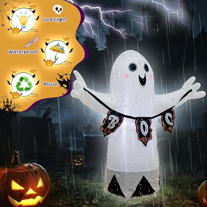 3.5FT White Ghost Halloween Inflatable Decor Halloween Blow Up Decor with LED Light Indoor Outdoor Graden Yard Party Holiday Decoration