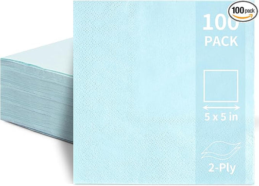 100 Pack Cocktail Napkins Disposable, 2-Ply 5" x 5" Party Napkins, Square Beverage Dinner Napkin for Wedding Birthday Party Anniversary Reception Bar Event (Light Blue)