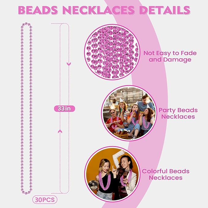 SHAOQINLIN 30 PCS Pink Bead Necklace, 33" Pink Mardi Gras Beads, Breast Cancer Awareness Beaded Necklaces, Party Beads for Mardi Gras, Christmas, Valentine's Day, Wedding, Gender Reveal Party Favors