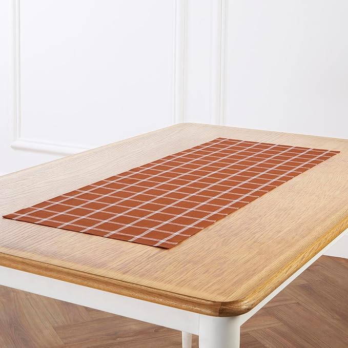 Solino Home Fall Table Runner 36 Inches - 100% Pure Linen Windowpane Cinnamon Table Runner 14 x 36 Inch Ideal for Dresser and Coffee Tables - Autumn, Halloween, Thanksgiving