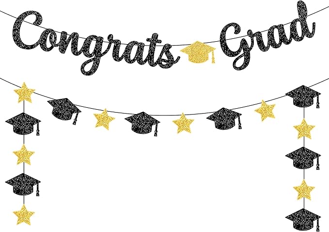 KatchOn, Glitter Black and Gold Congrats Grad Banner - 10 Feet | Black and Gold Graduation Banner, Cap Garland for Graduation Decorations 2025 | 2025 Grad Party Decorations