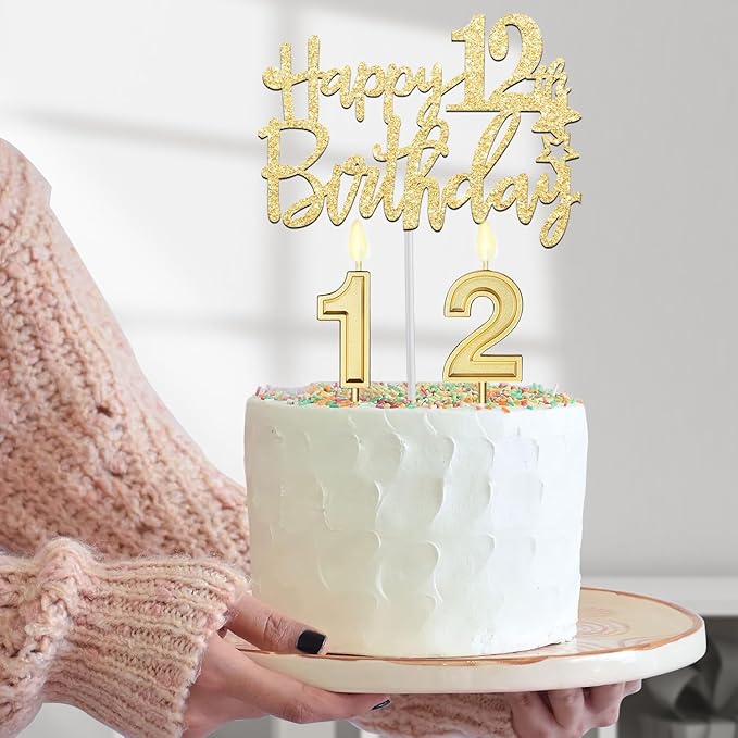 12th Birthday Decorations for Girls Gold with 12th Birthday Sash and Tiara, Candles and Cake Toppers, Number Balloons, 12 Year Old Gifts for Girl