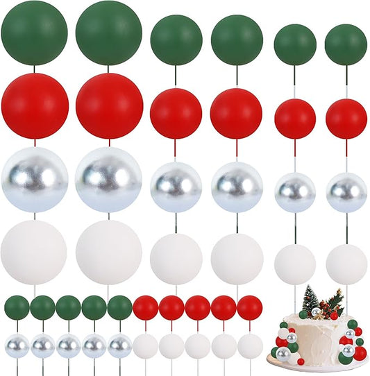 BEISHIDA 40 Pcs Ball Cake Toppers Red Green White Silver Sticks Foam Balls DIY Cake Topper Insert Balls Cake Decorations for Baking Christmas Party Decorations(Red, Green, White, Silver)