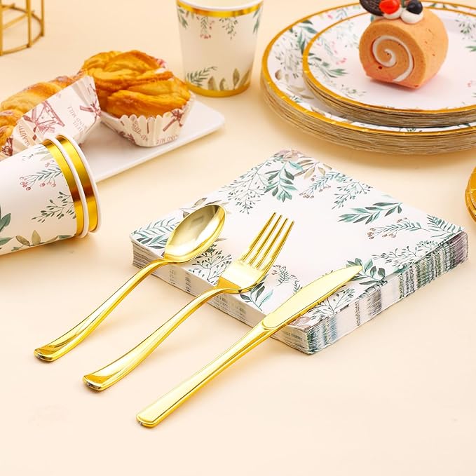 Sage Green Party Plates and Cups and Napkins Sets,Green Paper Plates Party Supplies Include Green Plates Napkin Cup Plastic Spoon Fork Knive for Baby Shower,Engagement Party Decorations,Serves 24