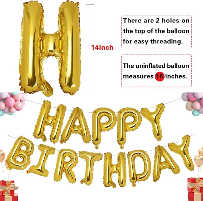 Accevo Gold Happy Birthday Balloons 16 Inch Mylar Foil Letters Balloons Happy Birthday Banner for Kids Child Adults Boys Girls Happy Birthday Sign Birthday Party Decorations Supplies