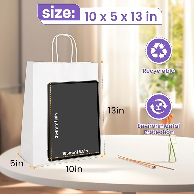 XPCARE White Paper Bags, 200 Packs 10x5x13 Inch Gift Bags with Handles Bulk Paper Bags with Handles Retail Kraft Paper Bag White Gift Bag for Wedding Party Shopping