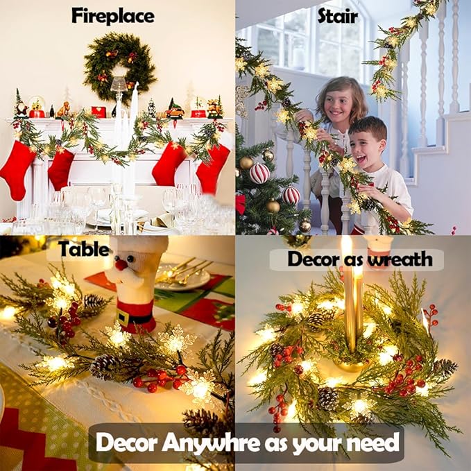 Christmas Garland Lights 6.56FT 20 Snow LED Pine Garland with Lights Battery Operated with Bells Red Berries Pinecones Cypress Greenery Garlands Decoration for Xmas Tree Mantle Door Stairs Home Decor