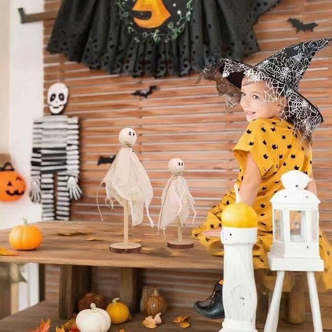 3 Set of Primitive Ghosts on Wooden Stand Halloween Decorations Indoor for Table Centerpieces Tiered Trays Shelves Mantels Home Halloween Décor