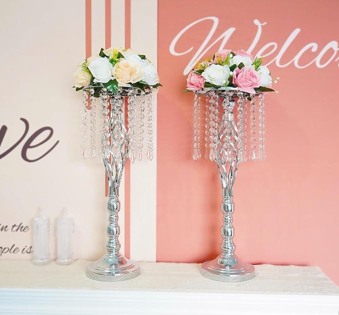 Metal Flower Stands with Crystal Beads, Wedding Centerpieces for Table Decorations, Elegant Metal Flower Arrangement Stands, Flower Vases for Wedding Party Celebration Home Decor (Silver-10pcs)