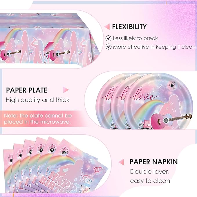 41Pcs Birthday Party Decorations,Music Lover Party Tableware Set, Include Singer Party Plates Napkins Tablecloth丨Singer Themed Party Girls Birthday Fans Celebration Party Supplies,Serves 20