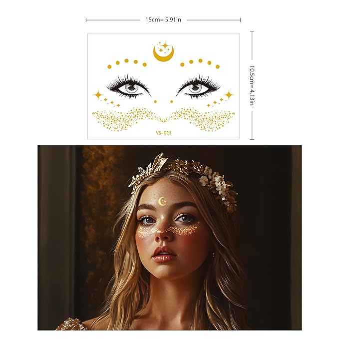 12 Pcs Gold Glitter Freckles Face Tattoo,Sparkle Makeup Patches Metallic Face Temporary Tattoos Stickers,Gold Face Freckle Tattoo for Women Girls Halloween Christmas Party Decor 638