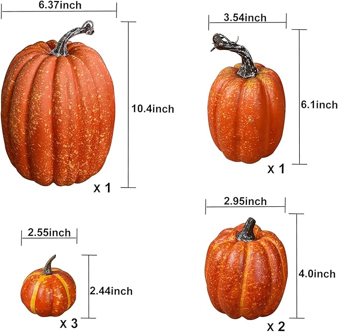 Lvydec Artificial Pumpkins Set Harvest Decoration, 7pcs Assorted Size Orange Pumpkins Realistic Large Pumpkins for Halloween Thanksgiving Autumn Festive Party Supplies (Orange)