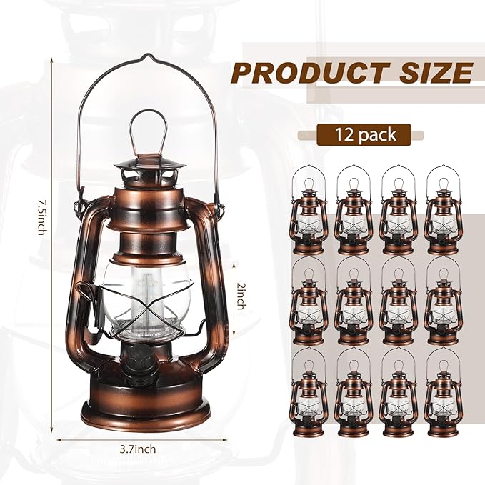 Hortsun 6 Pcs 12 Inch Vintage LED Hurricane Lantern 12 Warm LEDs and Dimmer Switch Battery Operated Farmers Hanging Lantern for Indoor Outdoor Camping Usage Decor