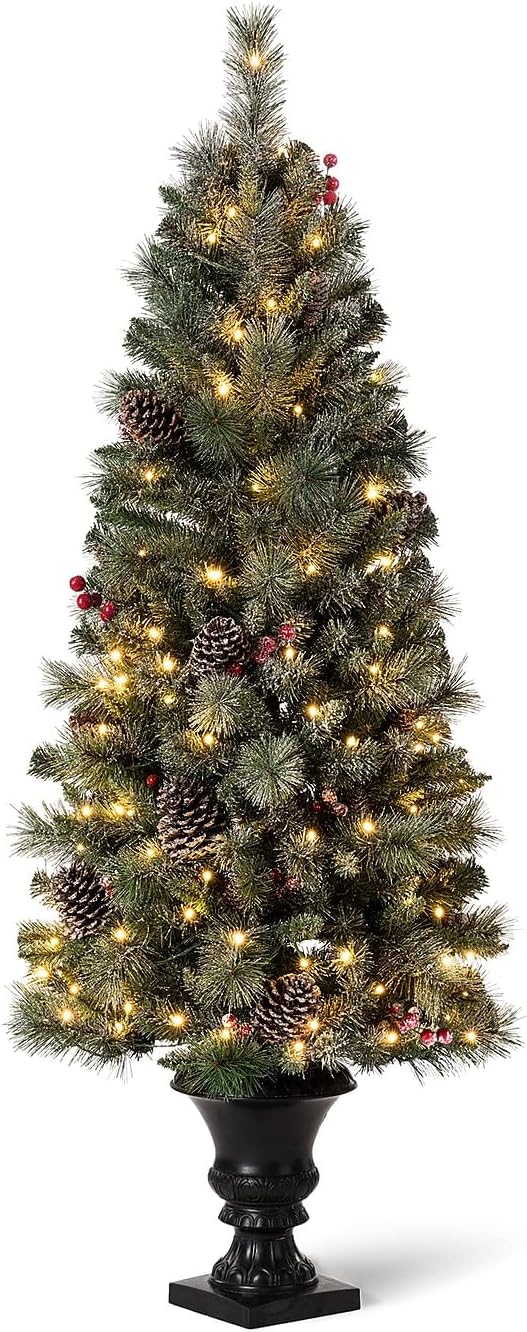 Glitzhome 5ft Pre-Lit Flocked Christmas Tree with Red Berries and Pine Cones, 130 Warm White Lights, 372 PVC & Pine Needle Mixed Tips, Potted Christmas Tree for Porch Home Holiday Decor