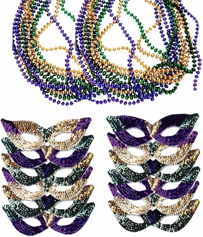 Funny Party Hats Mardi Gras Face Mask & Beads - Mardi Gras Mask Bulk - Masquerade Masks - Venetian Mask - Mardi Gras Necklaces - Mardi Gras Costumes
