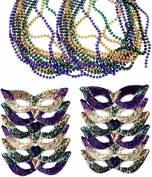 Funny Party Hats Mardi Gras Face Mask & Beads - Mardi Gras Mask Bulk - Masquerade Masks - Venetian Mask - Mardi Gras Necklaces - Mardi Gras Costumes