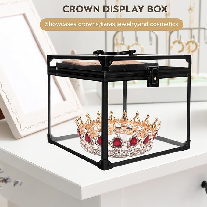 9inches Wide Pageant Crown Box Tiara Carrying Case Extra Large with Sash Holder Clear Acrylic Display Case,Toiletry and Cosmetic Organizer (Black, 230 * 230 * 190mm)