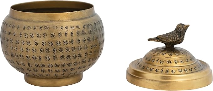 Creative Co-Op Round Hammered Metal Container with Bird Finial, Brass Finish