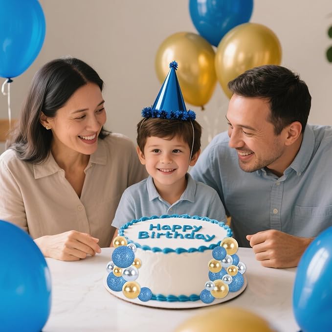 BEISHIDA 40 Pcs Foam Ball Shaped Cake Toppers with Sticks Mini Cake Decorations for Birthdays, Weddings, Baby Showers, DIY Baking Supplies, Anniversary Party (Blue, Gold, Silver)