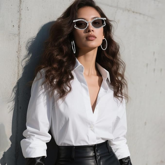 XEPST 3 Piece 70s Women Disco Accessories Disco Costume Set with Sparkling Cat Eye Sunglasses, Hoop Earrings & Rhinestone Tie Necklace, Glamorous Bling Costume Accessories for Women