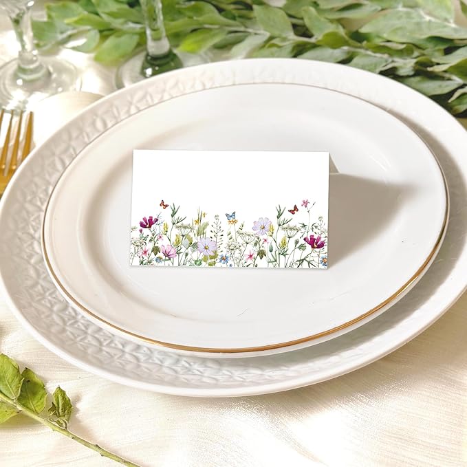 Whaline 100Pcs Wildflower Place Cards 2 x 3.5 Inch Watercolor Floral Butterfly Tented Cards Seating Cards for Spring Wedding Bridal Shower Party Table Setting