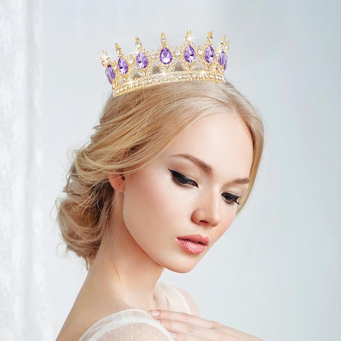 Queen Crown Rhinestone Wedding Crowns and Tiaras for Women Costume Party Hair Accessories Princess Birthday Crown Crystal Bridal Crown (Gold & Purple Crown)