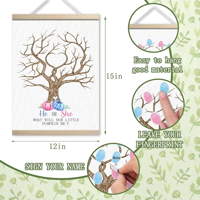 Pumpkin Baby Shower Gender Reveal Fingerprint Tree Canvas Guest Books, Gender Reveal Party Decorations Gifts Ideas, Thumbprint Hanging Paintings