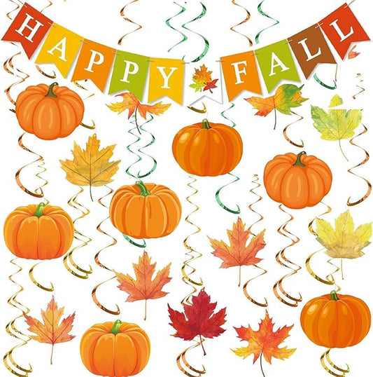 Fall Pumpkin Maple Leaf Hanging Swirls Autumn Swirls Streamers Happy Fall BannerThanksgiving Ceiling Hanging Decorations for Home Harvest Decor