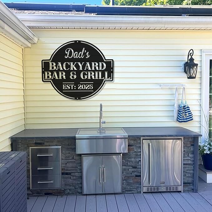 BBQ Grill Metal Sign for Dad - Custom Outdoor Bar Kitchen Name Sign - Backyard Barbecue Hanging Decor - Personalized Gift for Grandpa, Husband, Father
