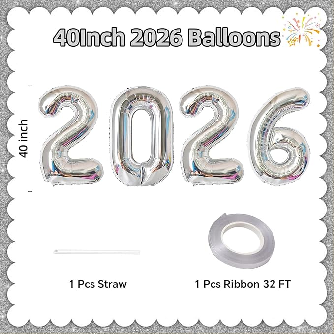 KALOR 42 Inch 2026 Silver Foil Mylar Number Balloons, Giant 2026 New Years Decorations for 2026 Happy New Year Eve and Graduations Party Supplies