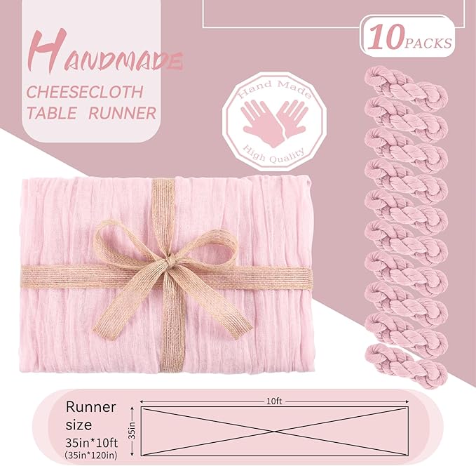 10 Packs Pink Cheesecloth Table Runner Baby Pink, 35x120 inch Rustic Gauze Boho Wedding Table Runner Decoration, Wedding Table Decor Table Cloth for Wedding Party Bridal Shower Table