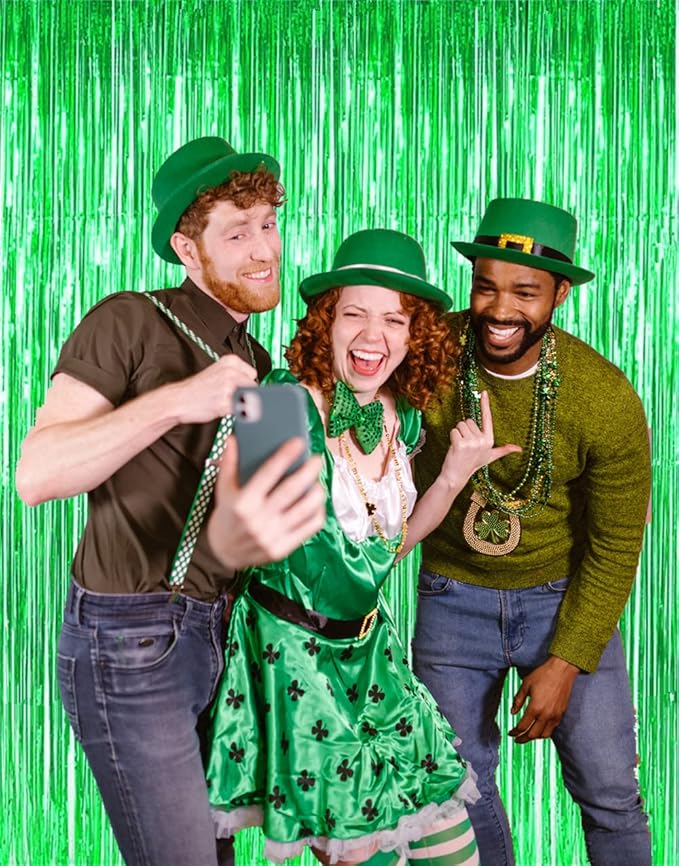 i-CHONY 2 Pcs Green Metallic Tinsel Foil Fringe Curtains,3.2ft x 8.2ft Photo Booth Backdrop for Birthday Wedding Bridal Shower Baby Shower Holiday Celebration Bachelorette Party Decorations