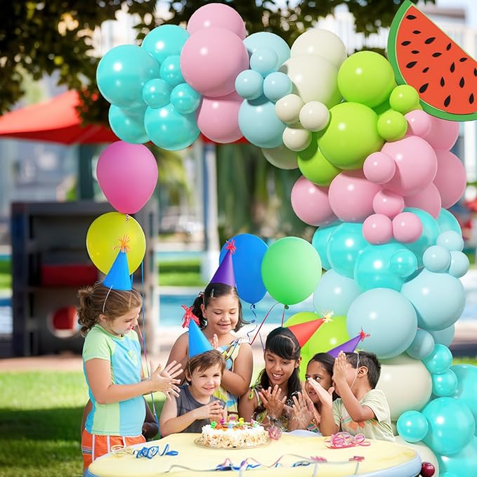 Summer Tropical Balloon Arch Kit Hawaiian Pearl Teal Blue Lime Green Pastel Pink Blue Ivory Colorful Balloons Garland for Hawaiian Luau Aloha Pool Beach Birthday Baby Shower Party Decorations