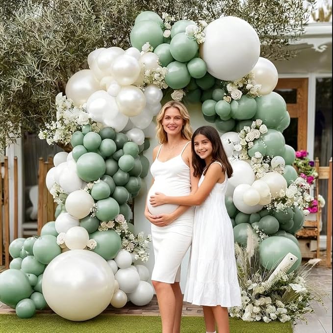 Sage Green White Balloon Garland Double Stuffed Dusty Green White Pearl Balloons Olive Pastel Balloon Arch Kit for Neutral Baby Shower Bridal Shower Birthday Baptism Christmas Party Decorations