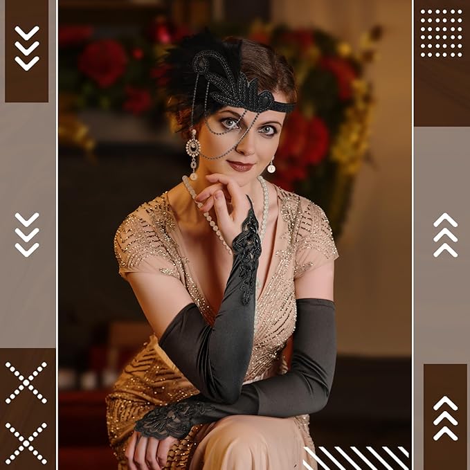 Maitys 1920s Accessories Set for Women Flapper Costume Feather Headband Necklace Bracelet Earrings