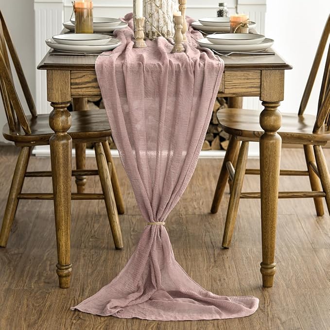 Artoid Mode Boho Cheesecloth Gauze Dusty Pink Wedding Table Runner, 120 Inch Seasonal Fabric Kitchen Dining Holiday Table Decor for Home Party Indoor