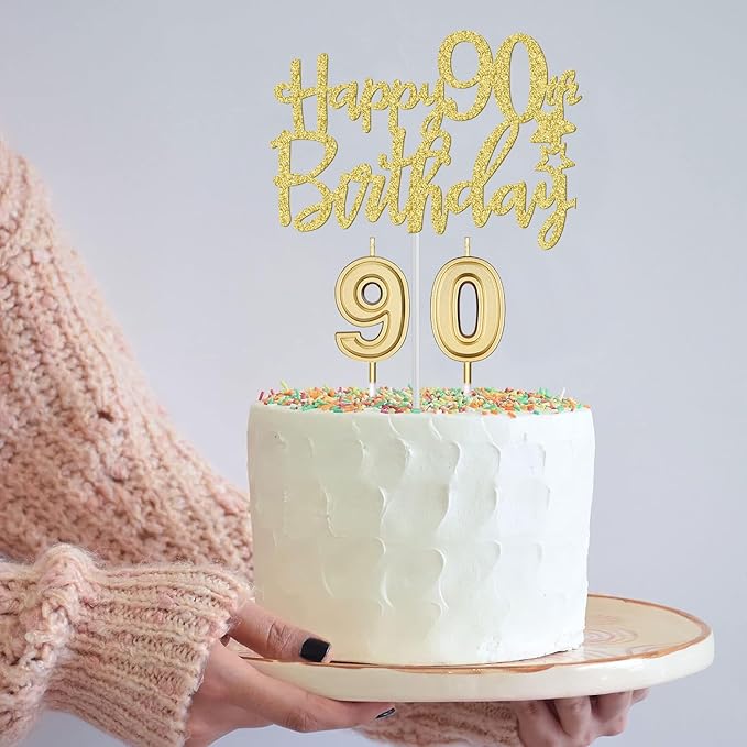 90th Birthday Decorations for Women Gold with 90th Birthday Sash and Tiara, Cake Topper and Candles, Number Balloons, 90 Year Old Gifts for Women