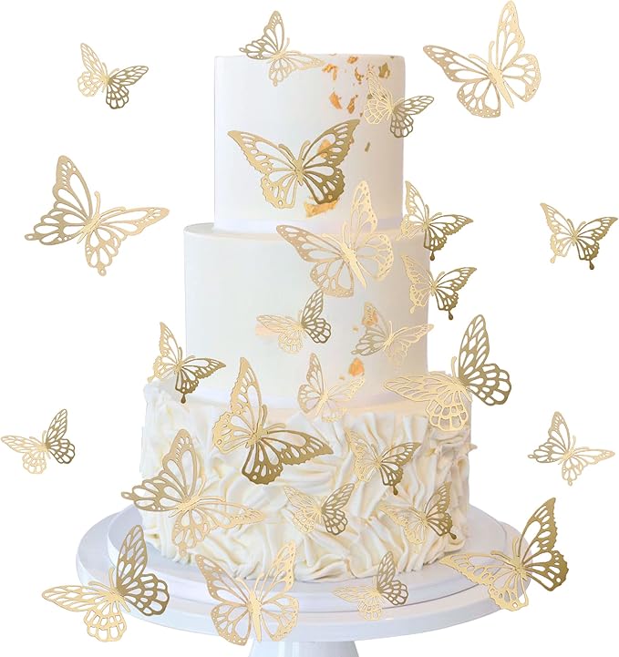 40 PCS Laser 3D Butterfly Cupcake Toppers Hollow Arts Cake Decorations for Baby Shower Wedding Fairy Birthday Party Supplies Wall Sticker Decoration Mixed Styles Gold