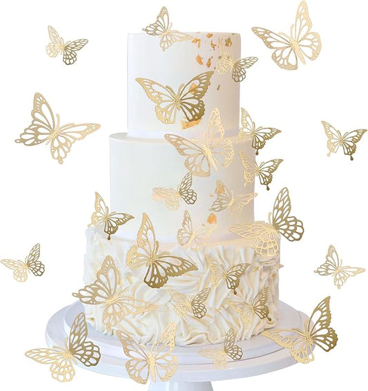 40 PCS Laser 3D Butterfly Cupcake Toppers Hollow Arts Cake Decorations for Baby Shower Wedding Fairy Birthday Party Supplies Wall Sticker Decoration Mixed Styles Gold